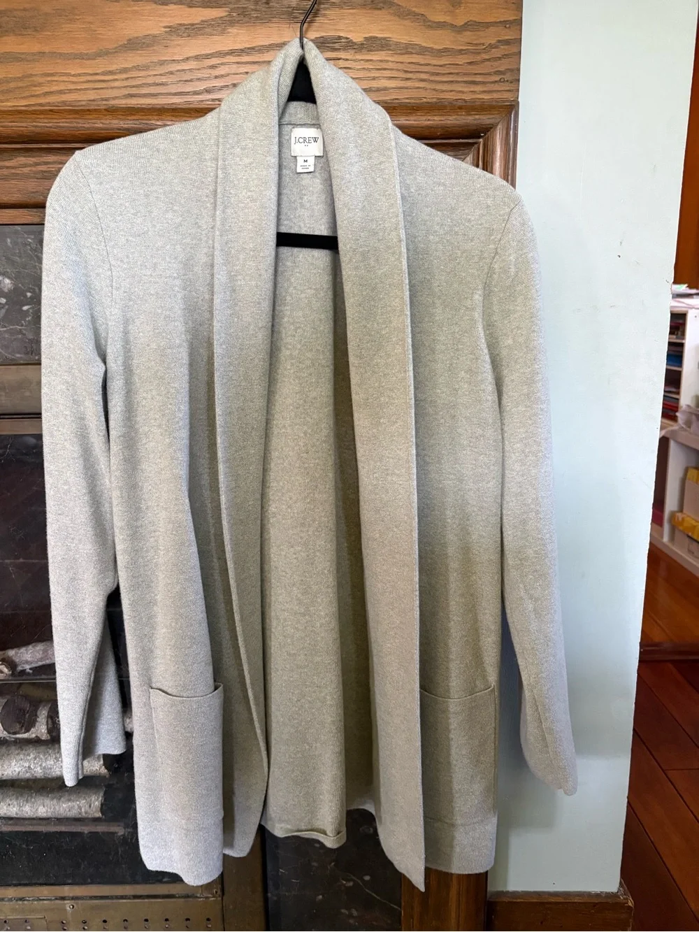 J.Crew Women's Gray Knit Open Front Cardigan Sweater M Shawl Collar Pockets